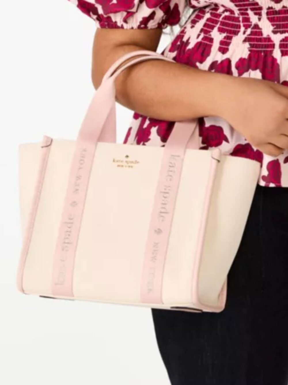 Kate Spade Pink / Creamy Kip Canvas Medium Tote Handbag Lightweight Purse